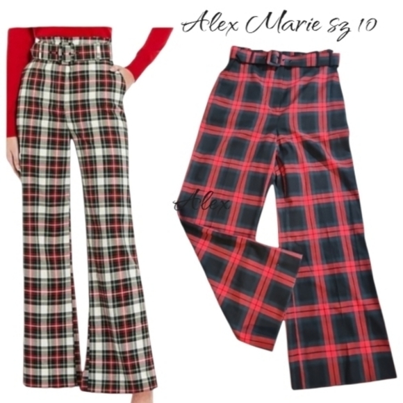NWT Alex Marie Plaid Belted Wide Leg High Waist Pants Size 10